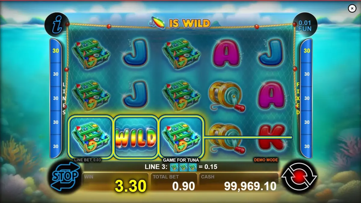 Tampilan visual slot Game For Tuna dengan tema bawah laut dan simbol memancing.