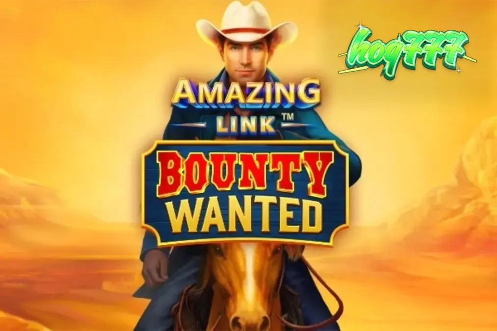 Pemandangan gurun yang gersang dengan latar belakang matahari terbenam dan simbol koboi di slot Amazing Link Bounty Wanted.